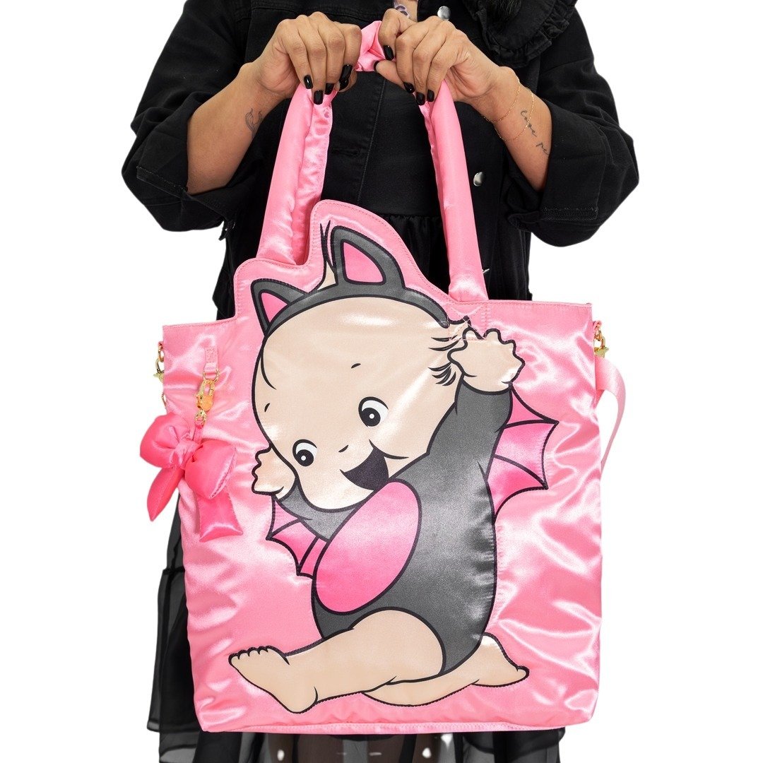 Whatever Makes You Happy Kewpie Black Bat Puffy Tote Bag with Ribbon Charm