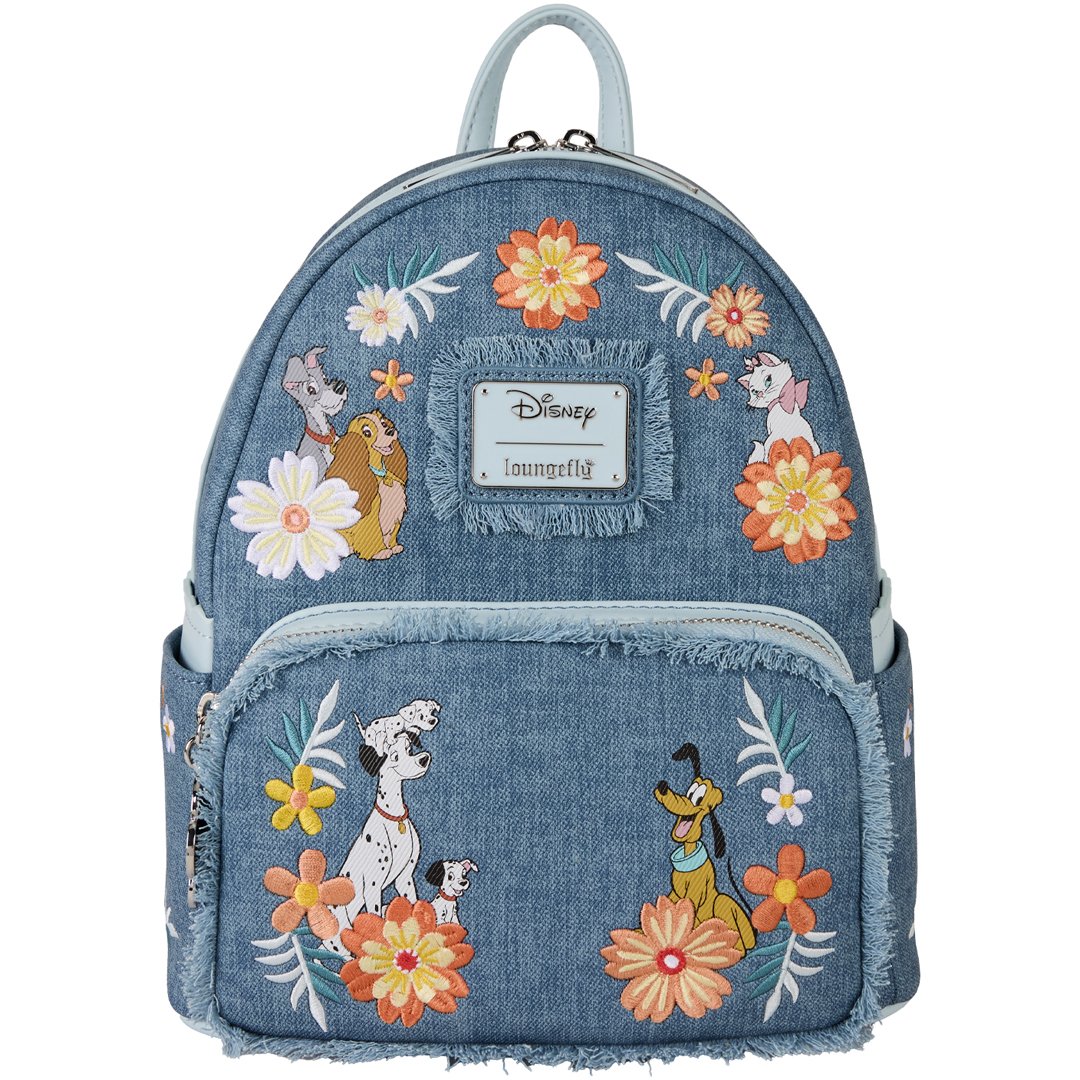 Loungefly Disney Dogs &amp; Cats Floral Faux Denim Fringe Mini Backpack