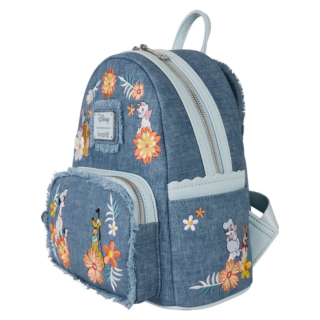 Loungefly Disney Dogs &amp; Cats Floral Faux Denim Fringe Mini Backpack
