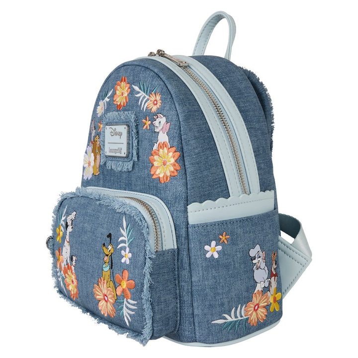 Loungefly Disney Dogs &amp; Cats Floral Faux Denim Fringe Mini Backpack