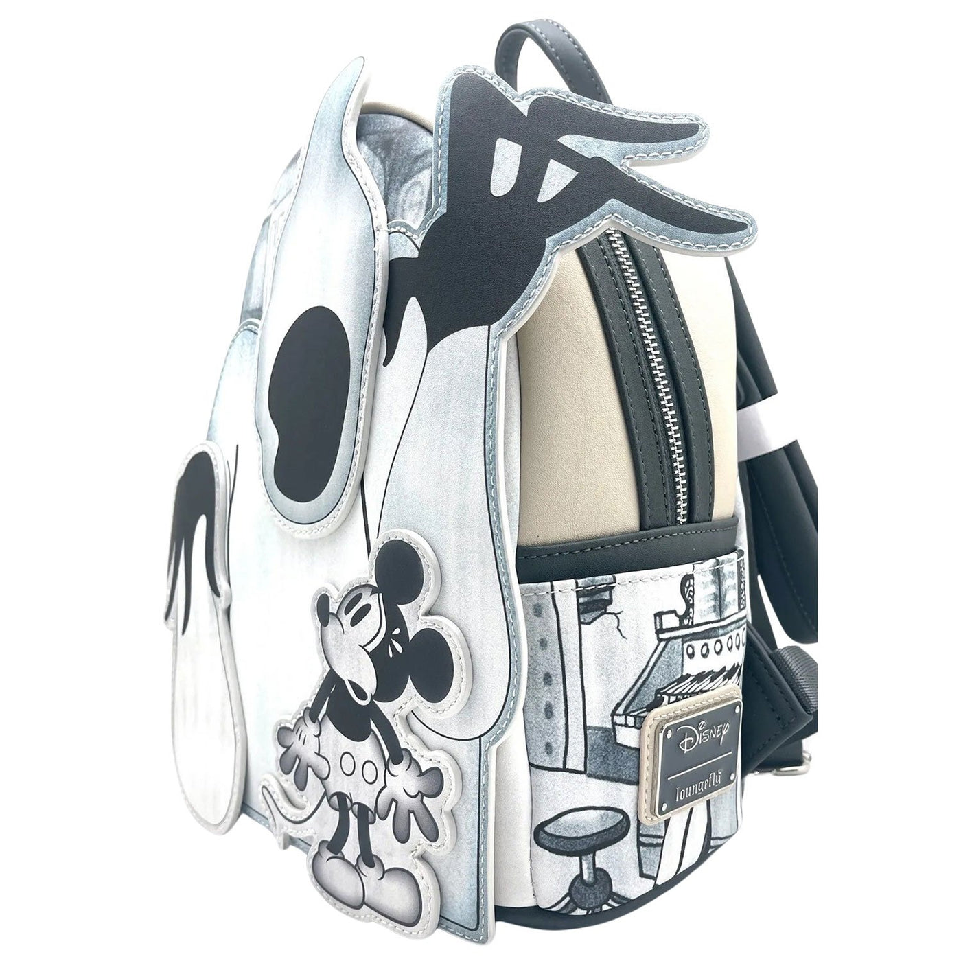 Side view of the Loungefly Disney Mickey Mouse Haunted House Mini Backpack, showing the ghost's extended hand and additional haunted house details in black and white.