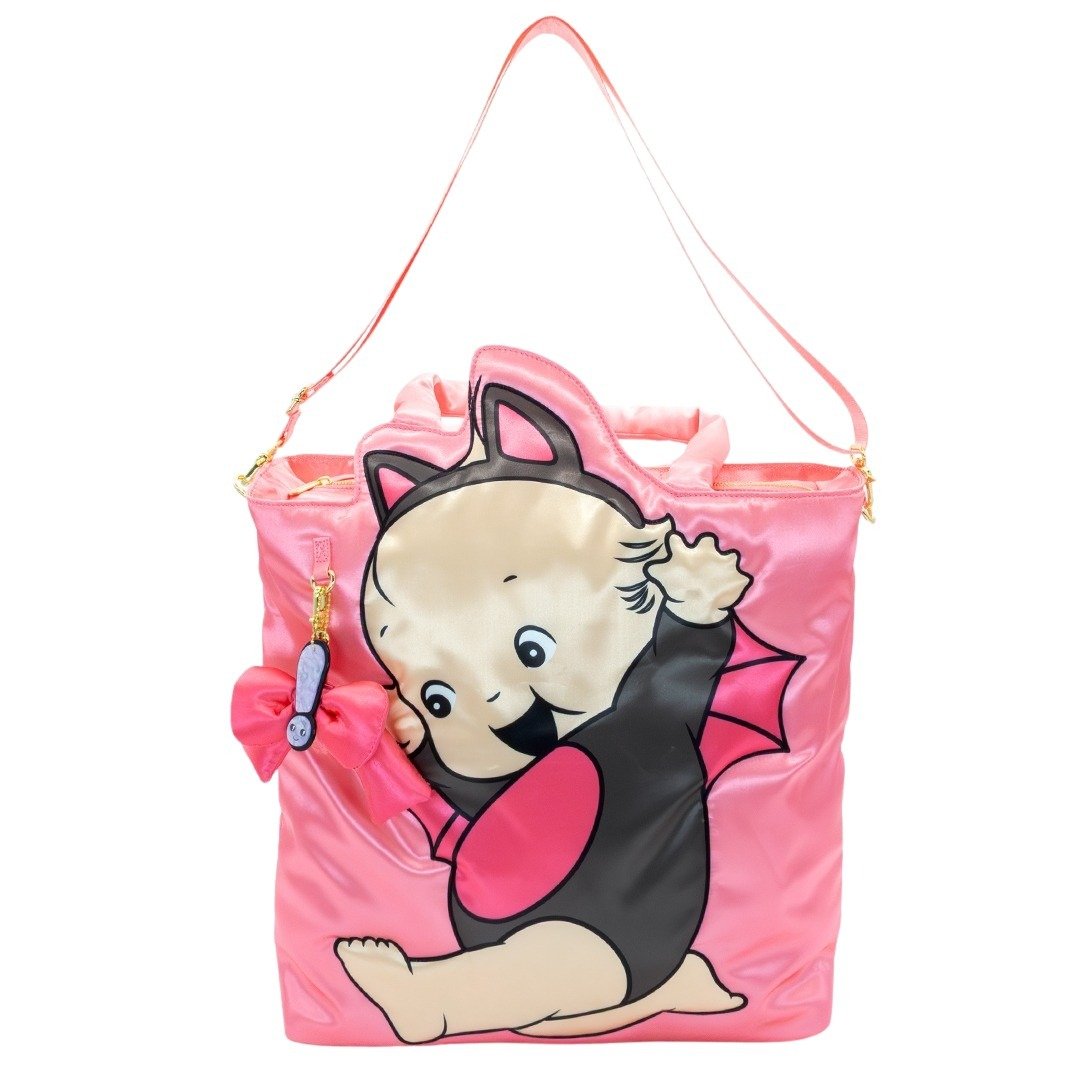 Whatever Makes You Happy Kewpie Black Bat Puffy Tote Bag with Ribbon Charm