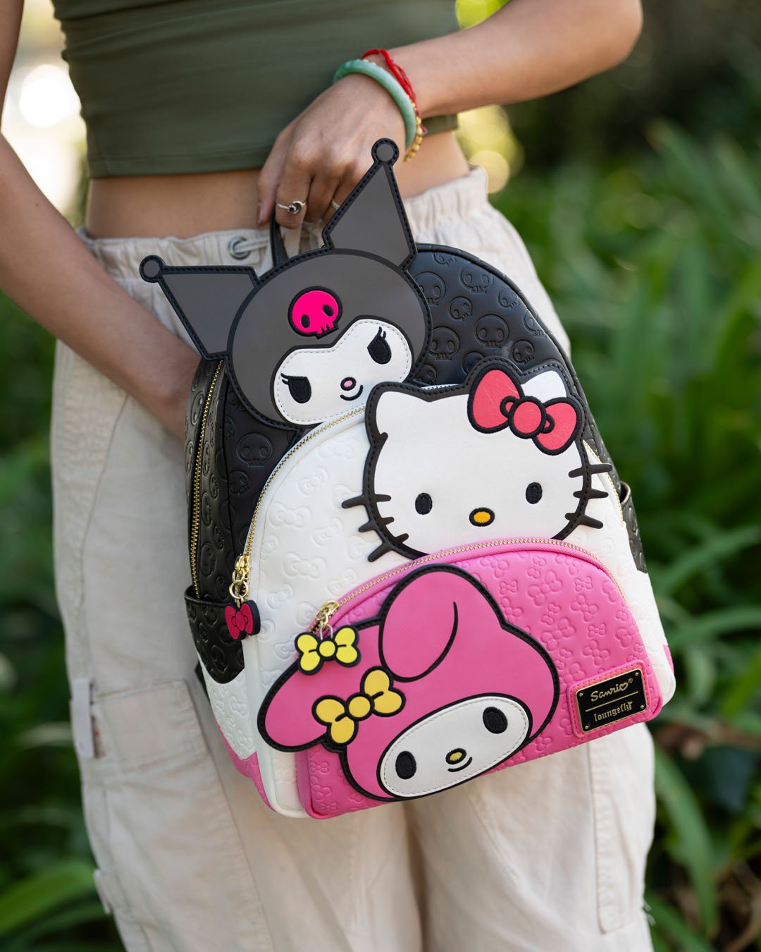 Loungefly Sanrio Kuromi, My Melody, and Hello Kitty Glow In The Dark Triple Pocket Mini Backpack