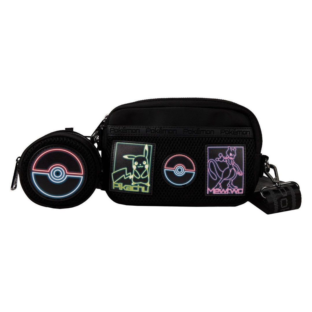 Loungefly Pokémon Pikachu &amp; Mewtwo Glow Nylon Sling Crossbody Bag with Coin Bag