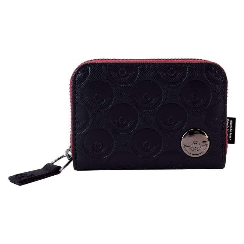 Front view of Loungefly COLLECTIV Pokemon Organizer Wallet with embossed Poké Ball pattern and metal Pokémon emblem.