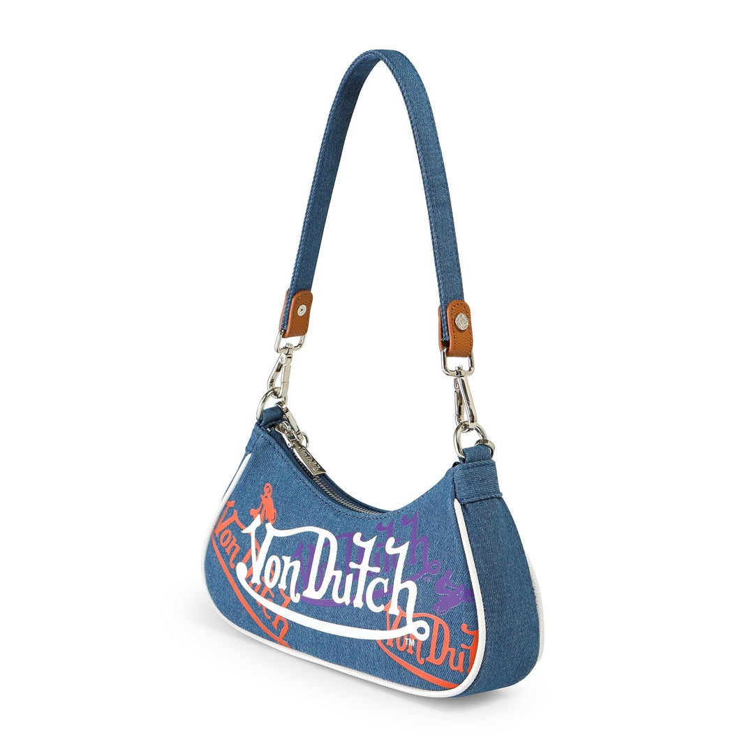 Von Dutch Womens Graphic Shoulder Bag – Stylish Handbag with Adjustable Strap, Spacious Interior, and Iconic Logo Design (Orange and Purple Multi-Logo Denim)