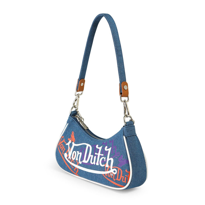 Von Dutch Womens Graphic Shoulder Bag – Stylish Handbag with Adjustable Strap, Spacious Interior, and Iconic Logo Design (Orange and Purple Multi-Logo Denim)