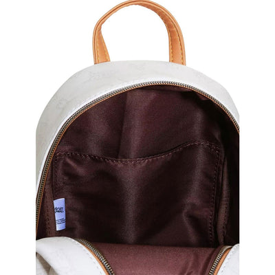 The inside of the Loungefly Pokémon Eevee & Eeveelutions Mini Backpack, showing the brown fabric lining and an interior pocket. The zipper is partially open, revealing the spacious main compartment.