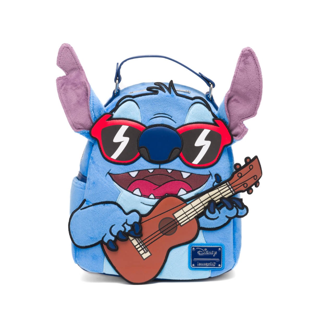 A front view of the Loungefly Disney Lilo & Stitch Ukulele Cosplay Mini Backpack - 707 Street Exclusive, featuring Stitch with red sunglasses and a ukulele