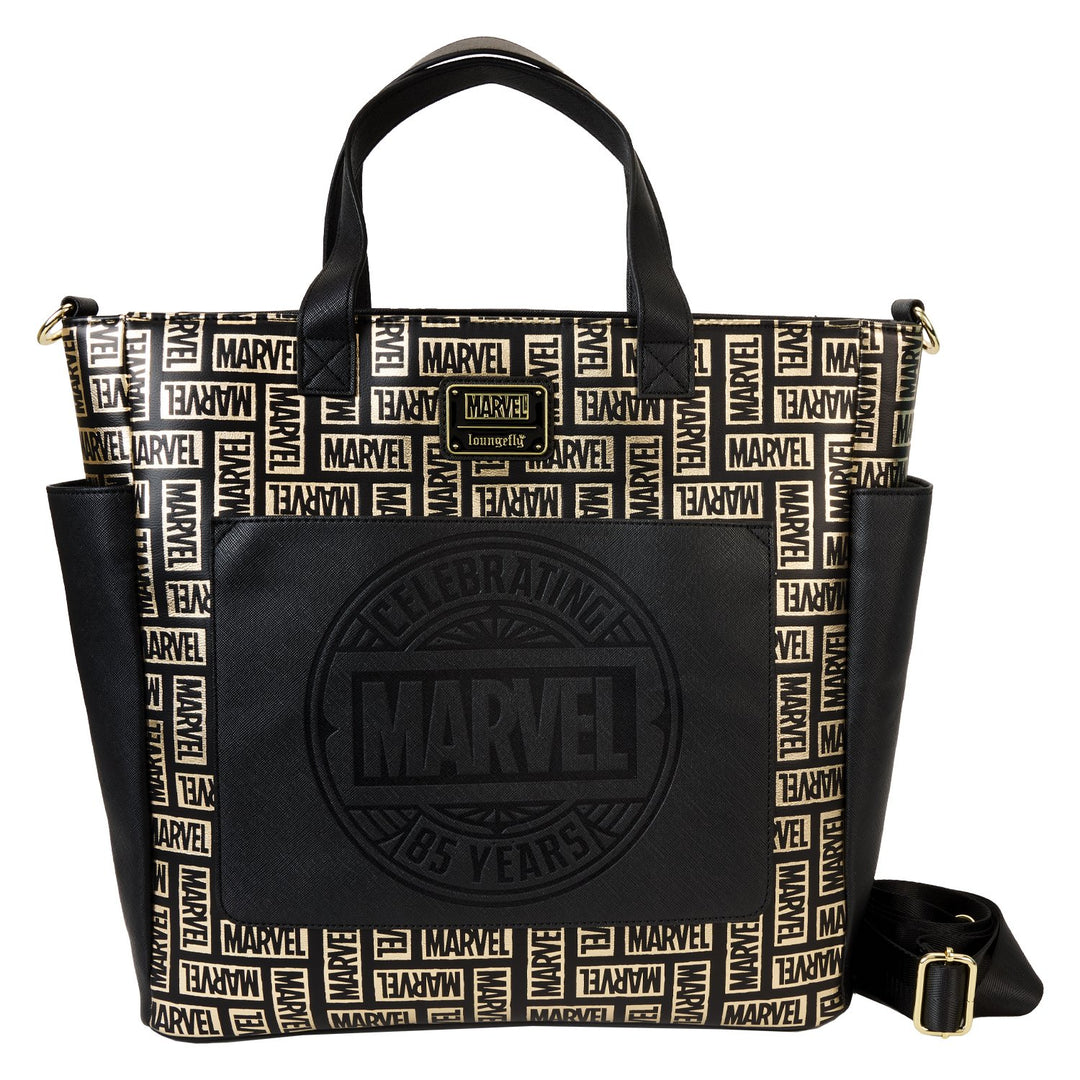 671803530034 - Loungefly Marvel 85th Anniversary All-Over Print Logo Convertible Backpack &amp; Tote Bag - front  