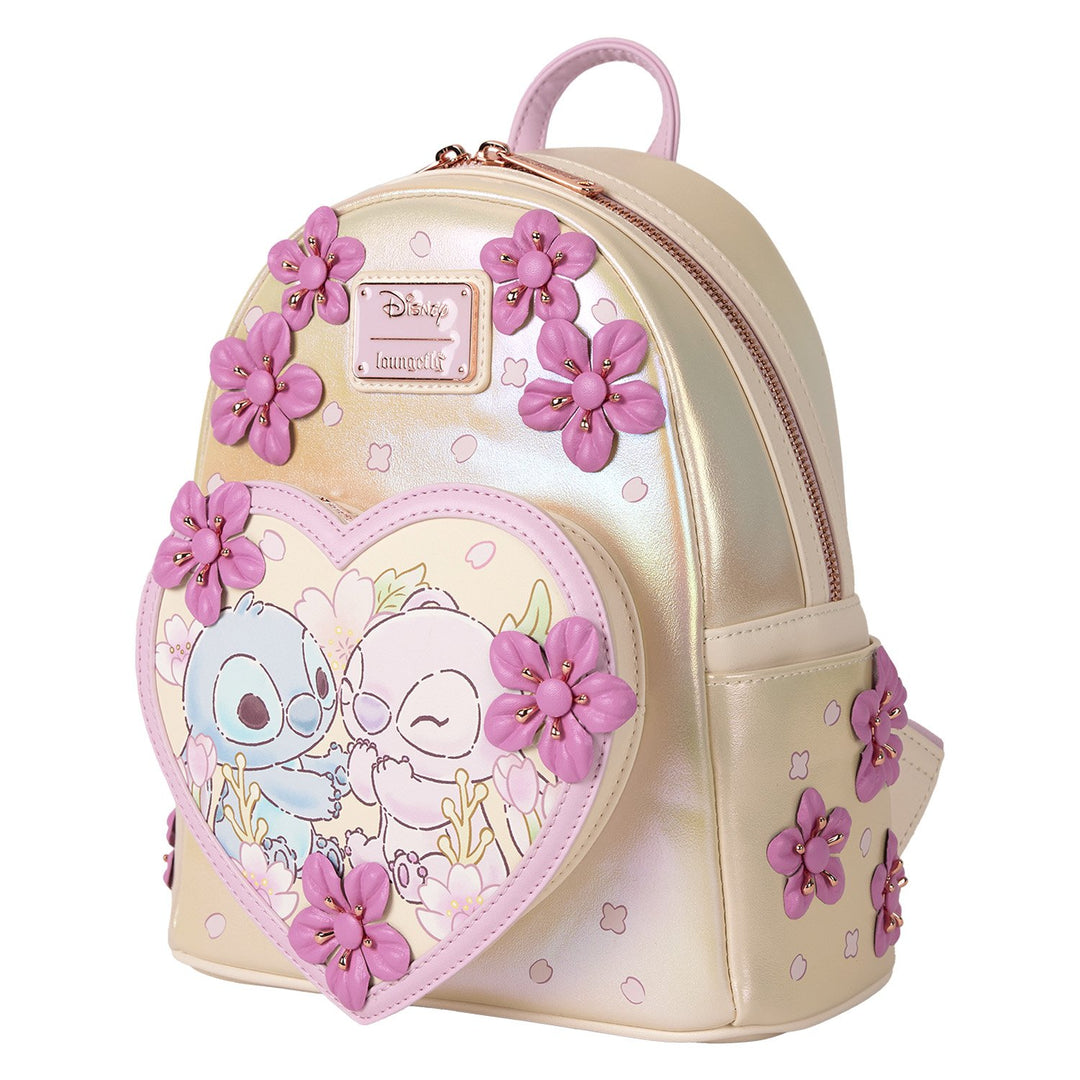 Loungefly Disney Stitch &amp; Angel Cherry Blossom Heart Mini Backpack