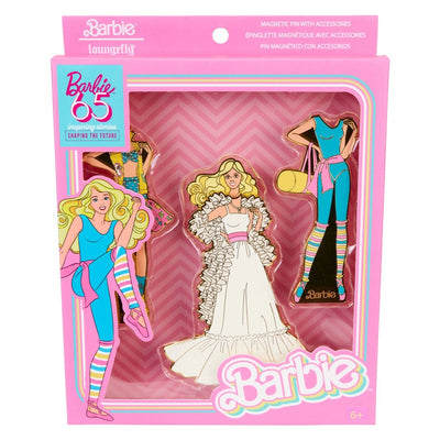 Front view of the Loungefly Mattel Barbie 65th Anniversary Paper Doll Magnetic Pin Set packaging, displaying the three Barbie pins in different outfits against a pink chevron background.