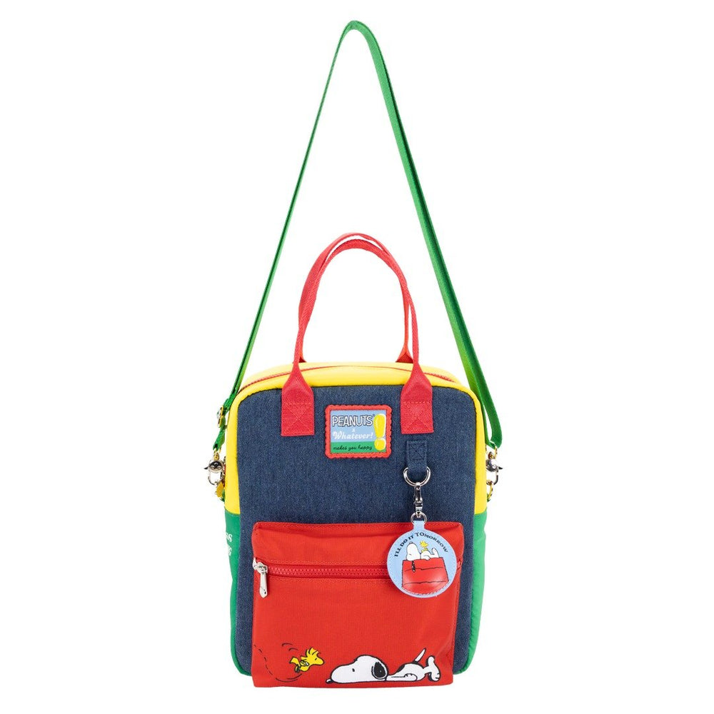 Whatever Makes You Happy Peanuts 75th Anniversary Color Block Denim & Canvas Convertible Bag