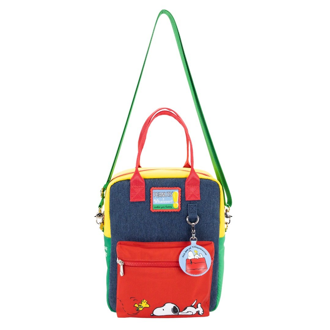 Whatever Makes You Happy Peanuts 75th Anniversary Color Block Denim &amp; Canvas Convertible Bag