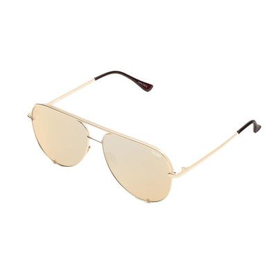 Quay Australia Unisex High Key Mini Classic Aviator Sunglasses featuring a gold frame and gold polarized lenses, showcased from a side angle to highlight the sleek design and adjustable nose pads.