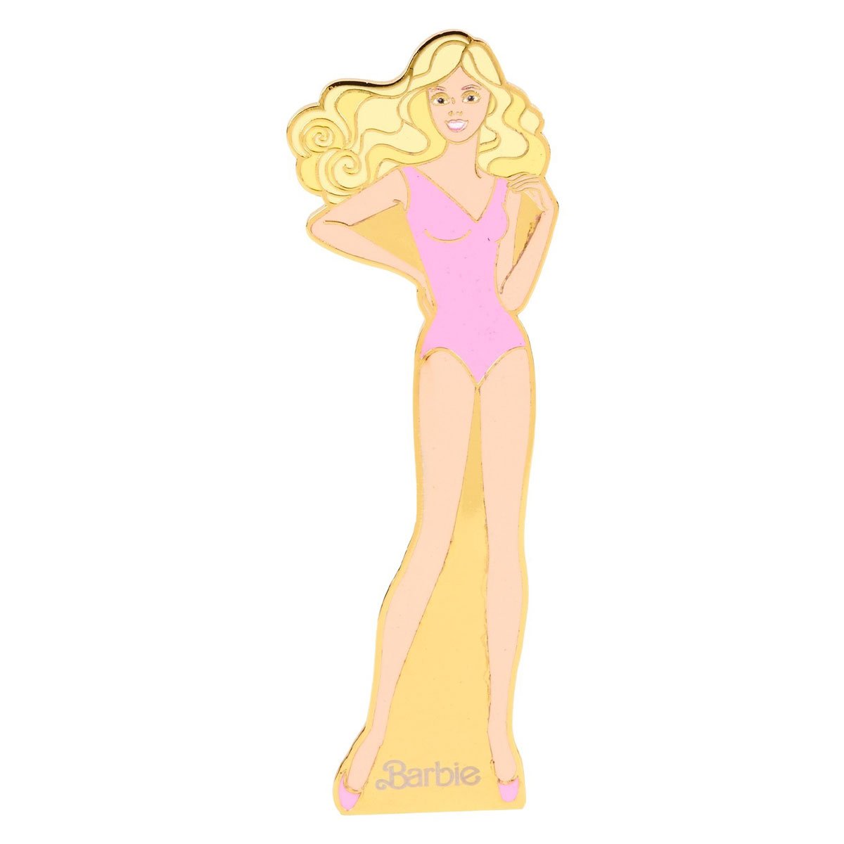 Magnetic pin of Barbie wearing a classic pink swimsuit, with her long blonde hair flowing and hands on her hips, commemorating the 65th anniversary.