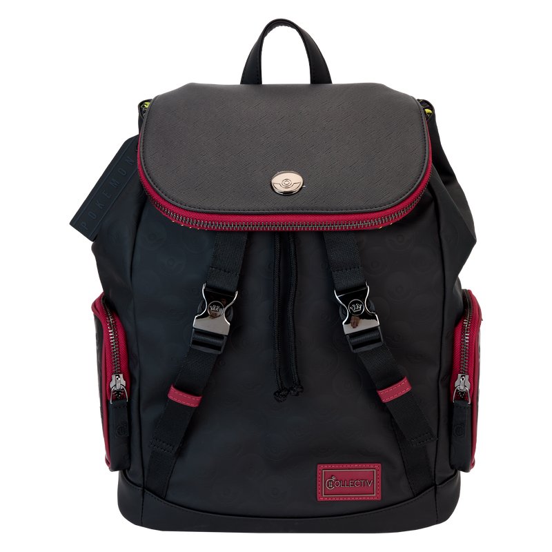 Front view of Loungefly COLLECTIV Pokemon THE COLLECTR Full-Size Backpack with black and red accents.