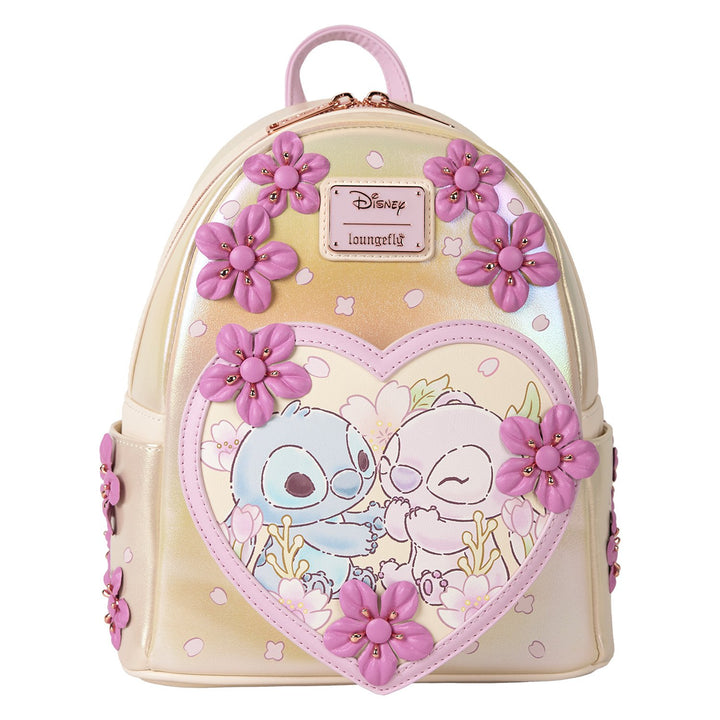Loungefly Disney Stitch &amp; Angel Cherry Blossom Heart Mini Backpack