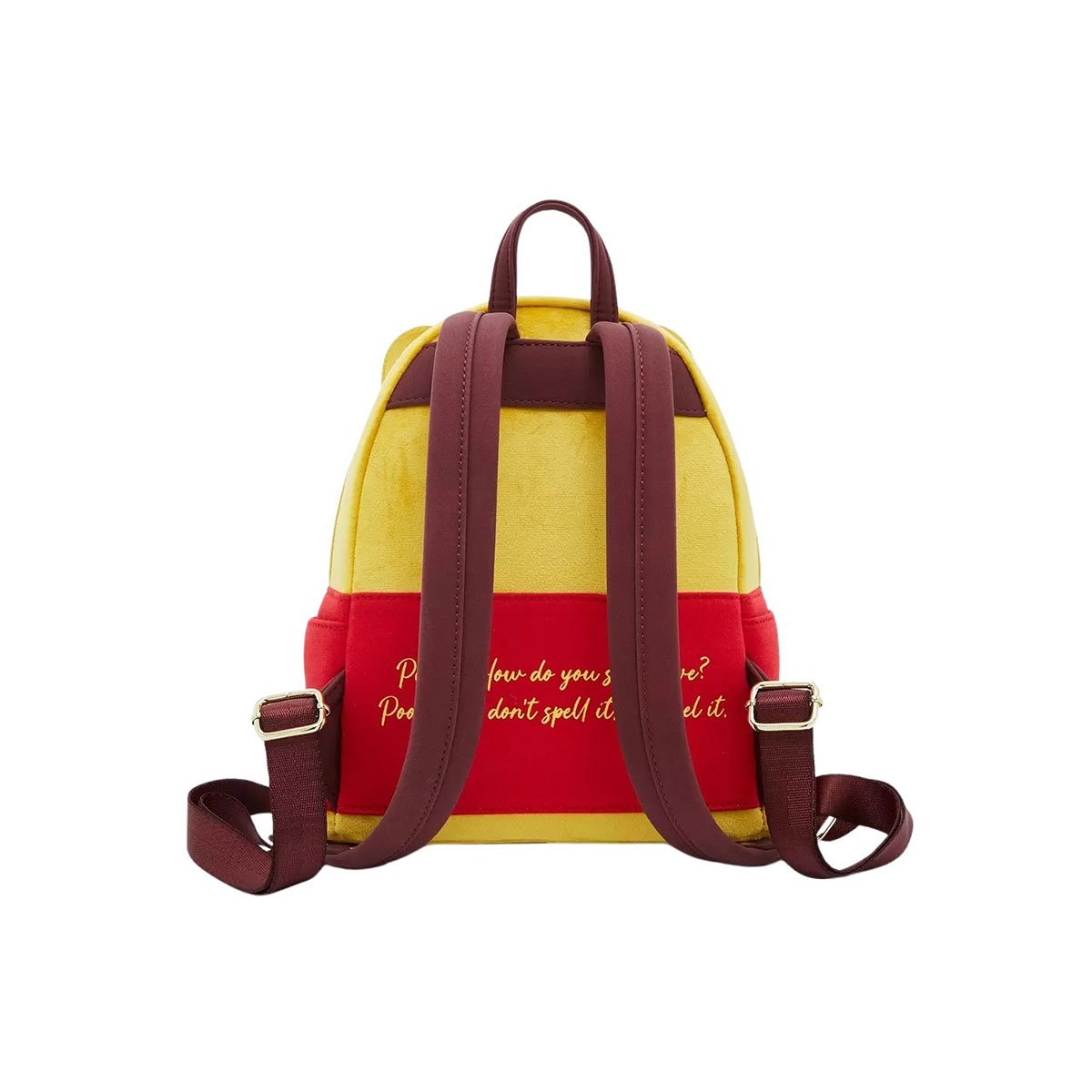 The back view of the yellow and red mini backpack, showing the brown adjustable straps. The bottom section has an embroidered quote from Winnie the Pooh.