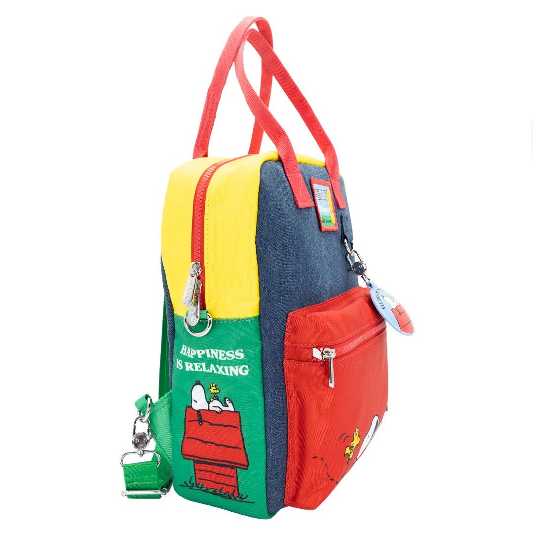Whatever Makes You Happy Peanuts 75th Anniversary Color Block Denim &amp; Canvas Convertible Bag