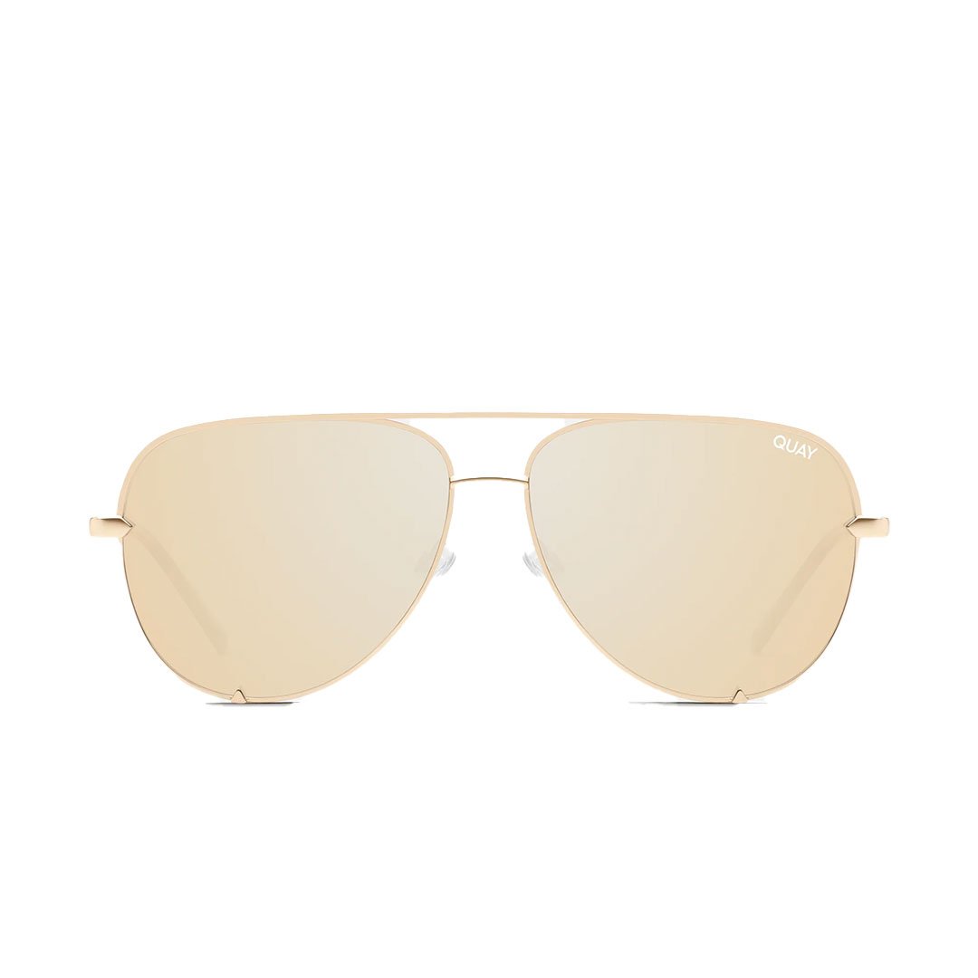 Gold Frame and Gold Polarized Aviator Sunglasses Front View: Front view of Quay Australia Unisex High Key Mini Classic Aviator Sunglasses with a gold frame and gold polarized polarized lenses, emphasizing the classic aviator style and Quay branding.