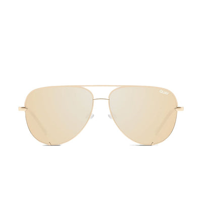 Gold Frame and Gold Polarized Aviator Sunglasses Front View: Front view of Quay Australia Unisex High Key Mini Classic Aviator Sunglasses with a gold frame and gold polarized polarized lenses, emphasizing the classic aviator style and Quay branding.