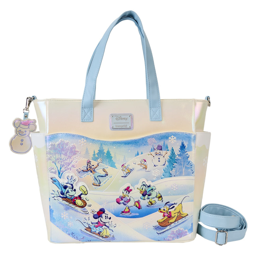 671803526839 - Loungefly Disney Mickey And Friends Winter Wonderland Scene Convertible Tote - front
