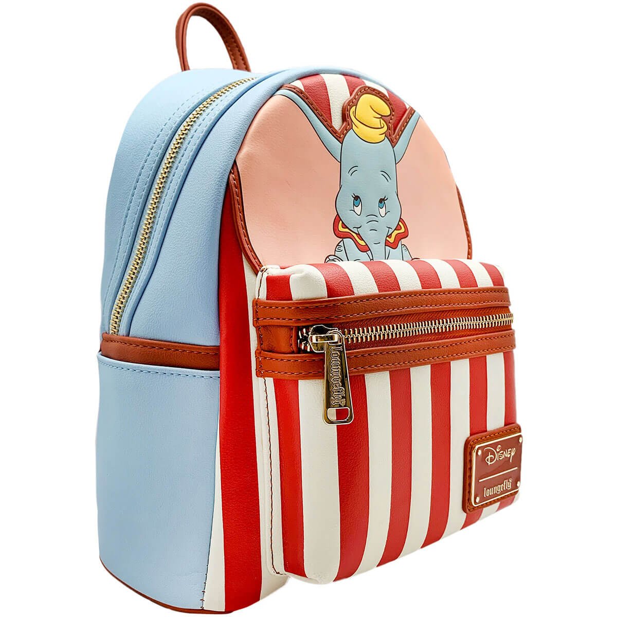 A side view of the Loungefly Disney Dumbo mini backpack, featuring a light blue exterior with a red and white circus stripe pattern on the front pocket and an image of Dumbo on the top front panel.