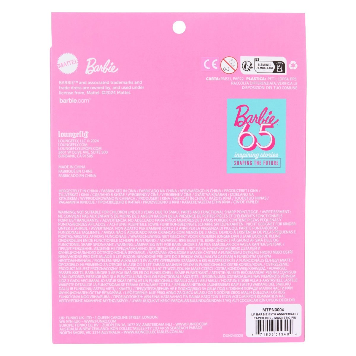 Back of the pink packaging for the Loungefly Mattel Barbie 65th Anniversary Paper Doll Magnetic Pin Set, showing product information and Barbie branding