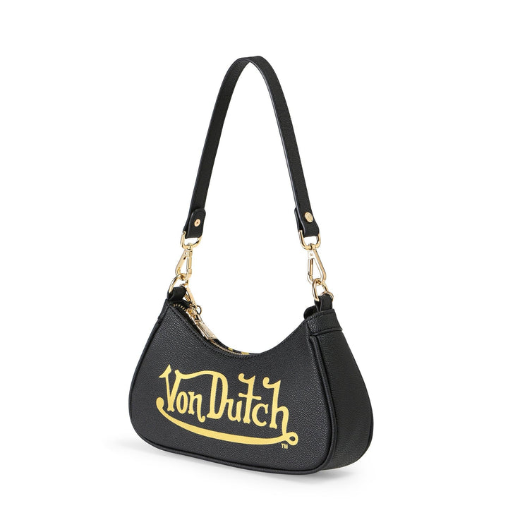 Von Dutch Womens Classic Shoulder Bag – Stylish Handbag with Adjustable Strap, Spacious Interior, and Iconic Logo Design (Black and Gold)