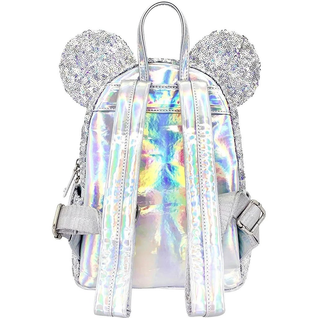 Loungefly Disney Minnie Mouse Silver Holographic Sequin Mini Backpack -back