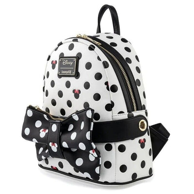 Loungefly Disney Minnie Mouse Black And White Polka Dot Mini Backpack With Detachable Fanny Pack - angled