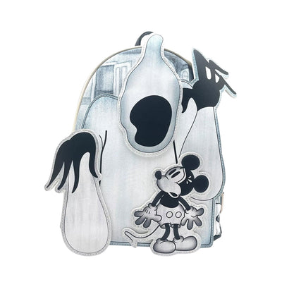 Front view of the Loungefly Disney Mickey Mouse Haunted House Mini Backpack, featuring a ghostly figure and Mickey Mouse in black and white design.