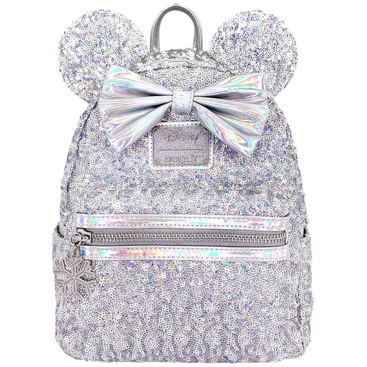 Disney Loungefly グリッターリュック Loungefly Disney Minnie Mouse Silver Holographic Sequin Mini