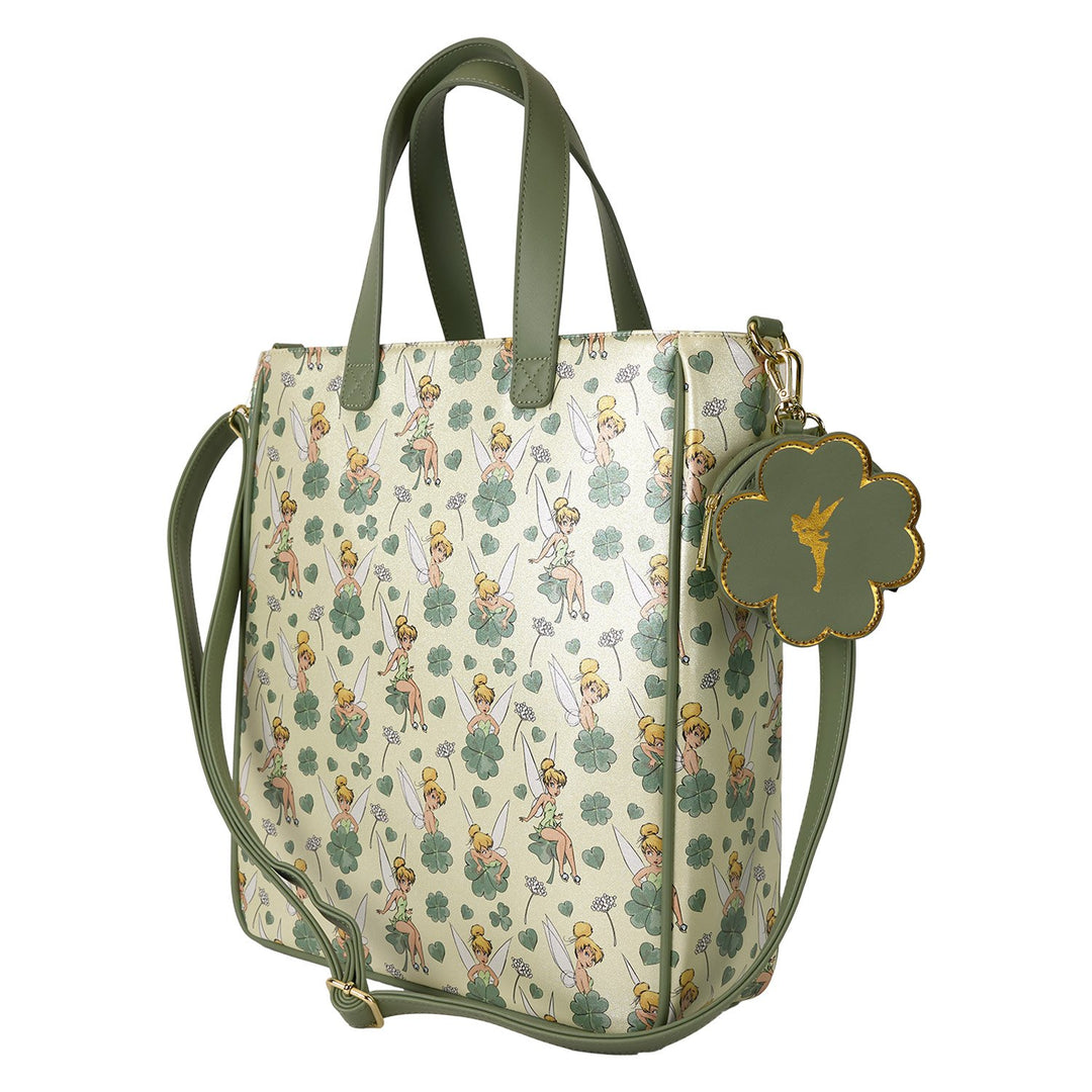 Loungefly Disney Peter Pan Tinker Bell Clover All-Over Print Tote Bag With Coin Bag