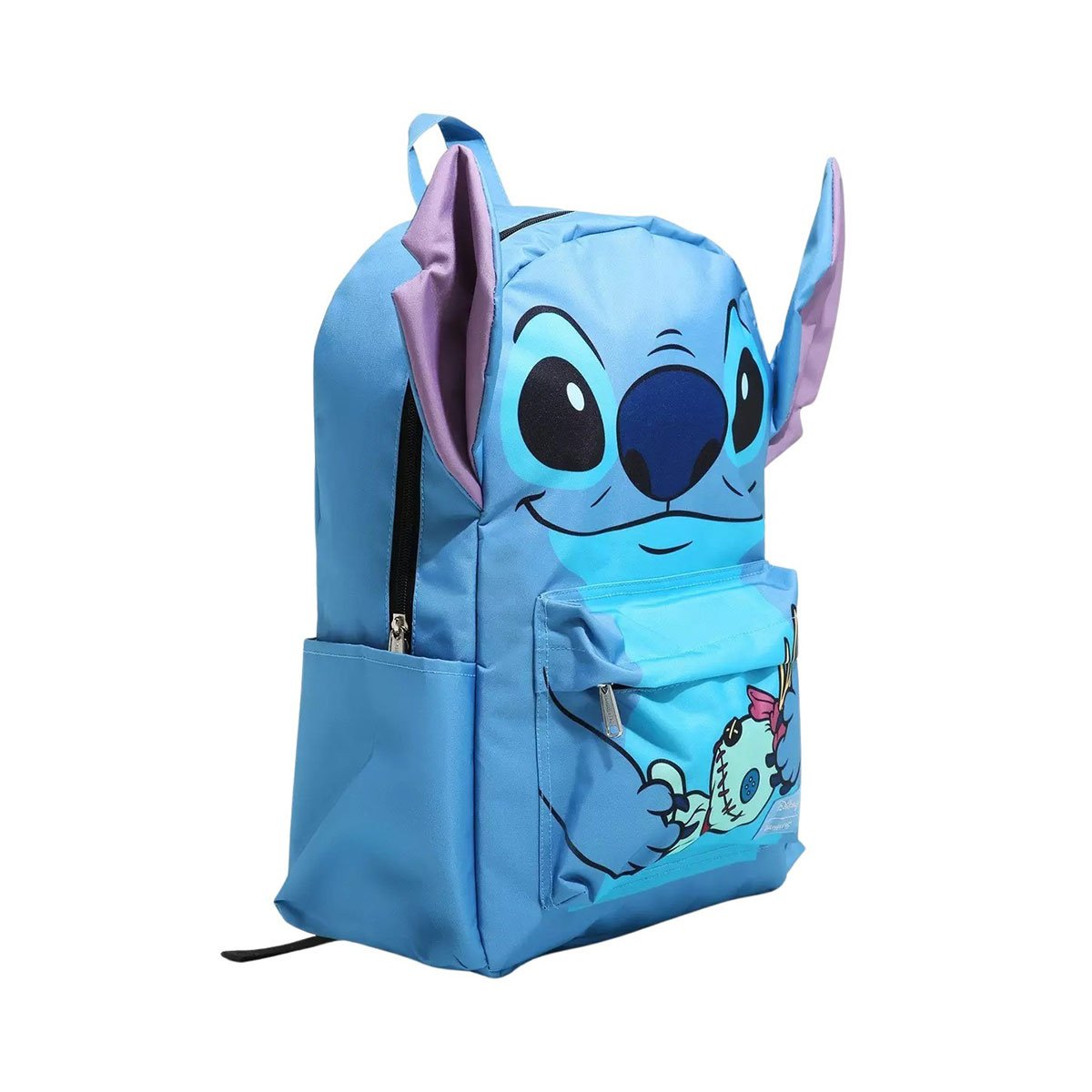 Side view of a blue nylon backpack featuring Stitch's face with large, protruding ears and holding Scrump on the front pocket. The backpack has side pockets and a zipper closure.