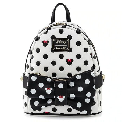 Loungefly Disney Minnie Mouse Black And White Polka Dot Mini Backpack With Detachable Fanny Pack - front