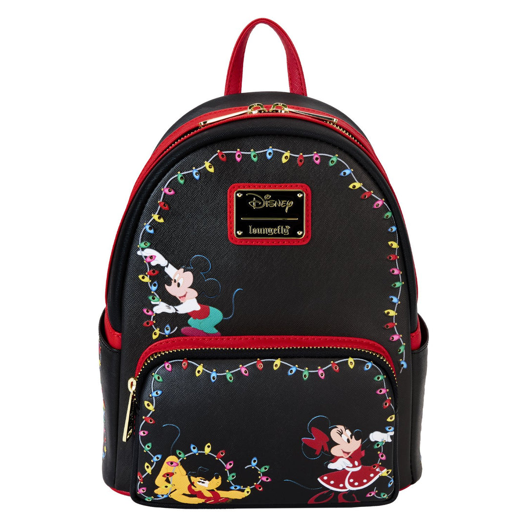 671803526952 - Loungefly Disney Mickey &amp; Friends Christmas Light Decorations Light Up Mini Backpack - front