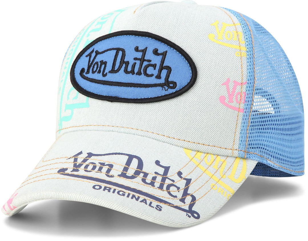Von Dutch Monogram Trucker Cap - Retro Snapback Cap for Men and Women - Adjustable Snap Fit Panel, Mesh Rear, Curved Bill