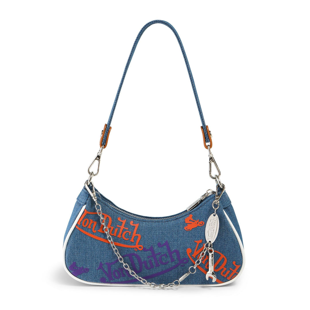 Von Dutch Womens Graphic Shoulder Bag – Stylish Handbag with Adjustable Strap, Spacious Interior, and Iconic Logo Design (Orange and Purple Multi-Logo Denim)