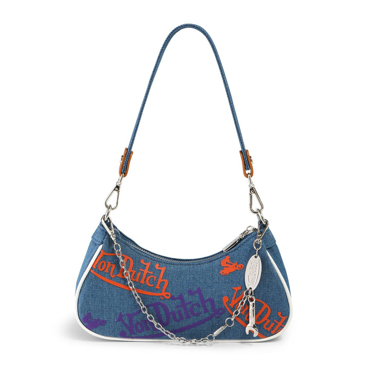 Von Dutch Womens Graphic Shoulder Bag – Stylish Handbag with Adjustable Strap, Spacious Interior, and Iconic Logo Design (Orange and Purple Multi-Logo Denim)