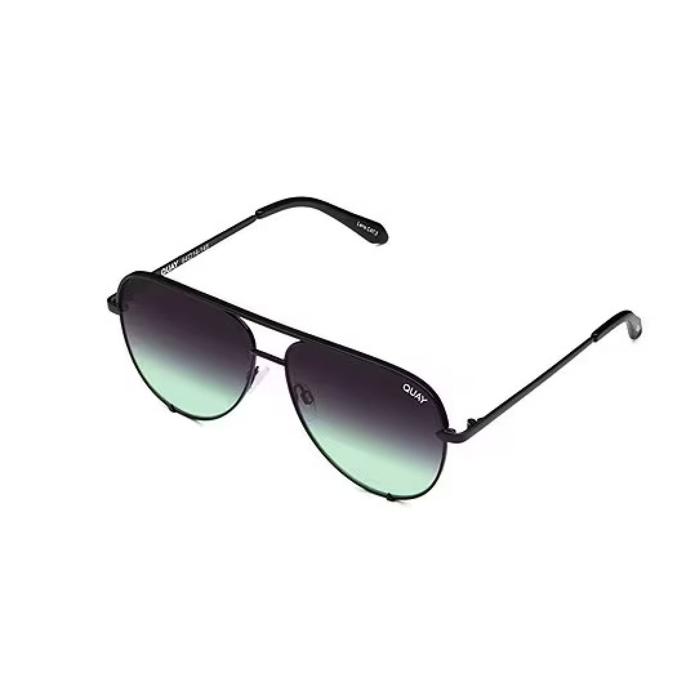 Quay Australia Unisex High Key Mini Classic Aviator Sunglasses featuring a black frame and black mint fade lenses, showcased from a side angle to highlight the sleek design and adjustable nose pads.