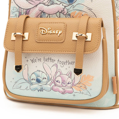 Close-up of the backpack's front pocket, showing detailed artwork of Stitch and Angel, with the phrase "We're better together" adding a sentimental touch.