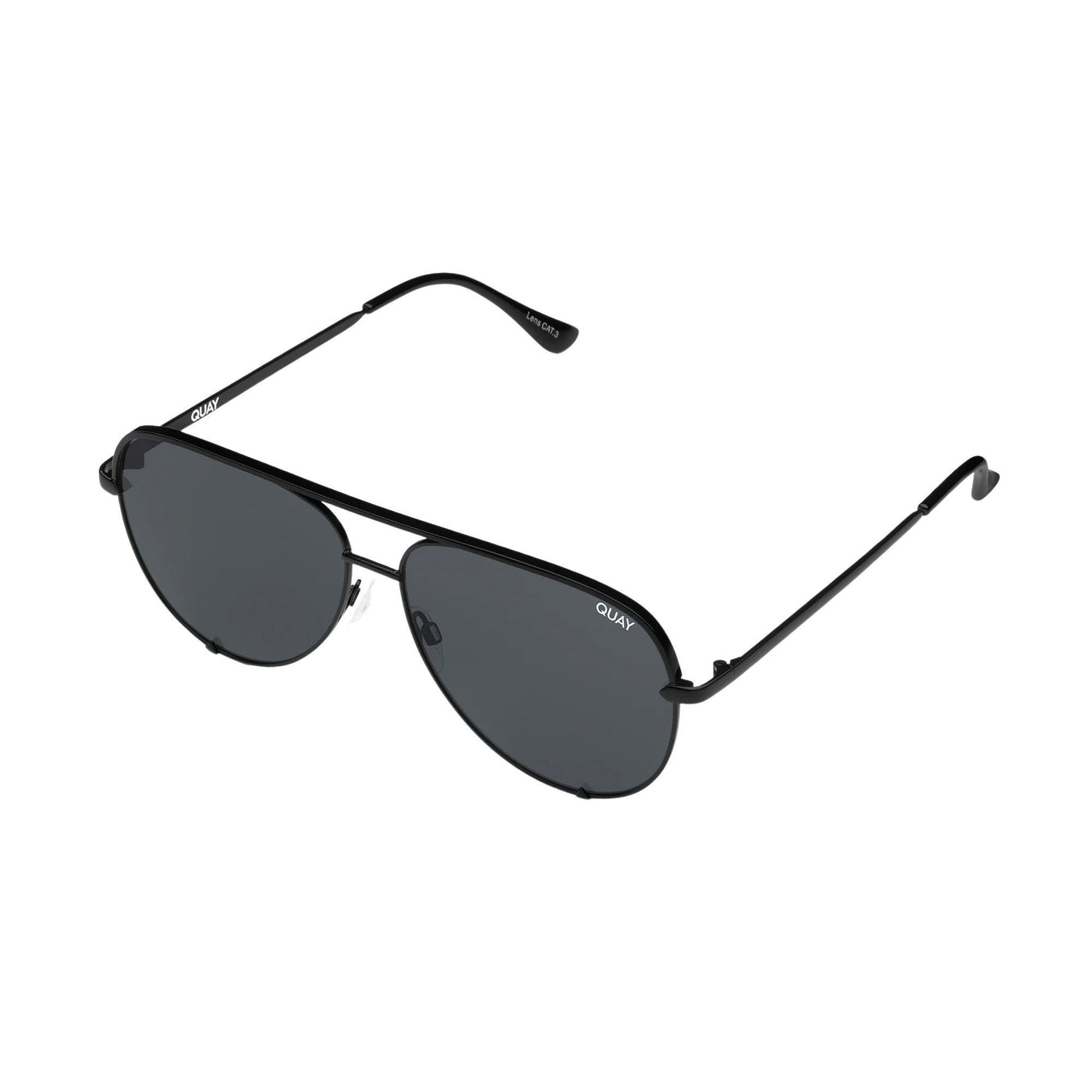 Quay Australia Unisex High Key Mini Classic Aviator Sunglasses featuring a black frame and smoke polarized lenses, showcased from a side angle to highlight the sleek design and adjustable nose pads.