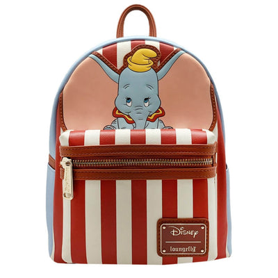 A front view of the Loungefly Disney Dumbo mini backpack, highlighting the red and white circus stripe front pocket, an image of Dumbo on the top front panel, and the Disney Loungefly logo badge at the bottom.