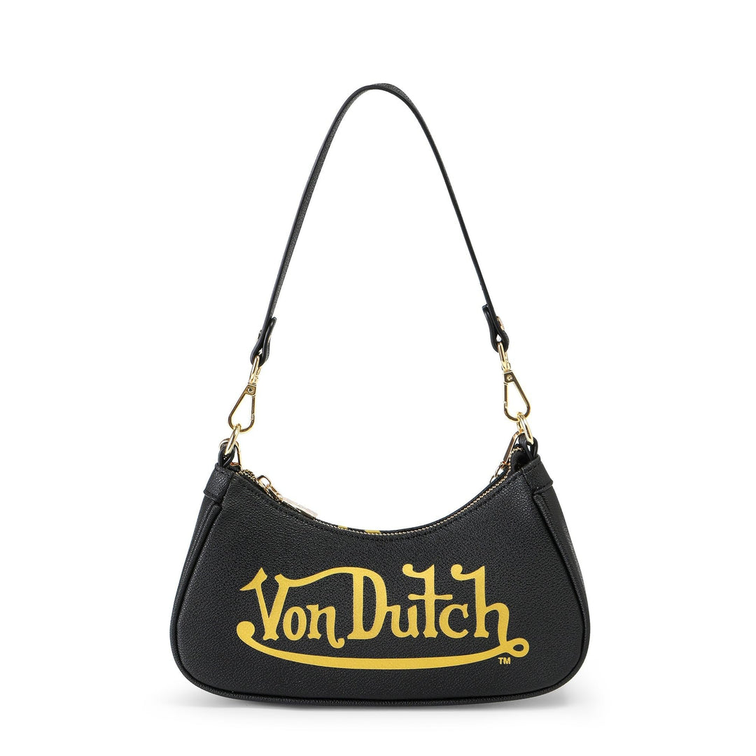 Von Dutch Womens Classic Shoulder Bag – Stylish Handbag with Adjustable Strap, Spacious Interior, and Iconic Logo Design (Black and Gold)
