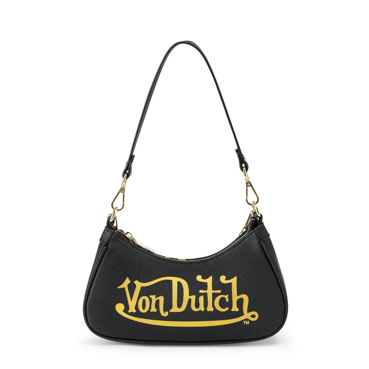 Von Dutch Womens Classic Shoulder Bag – Stylish Handbag with Adjustable Strap, Spacious Interior, and Iconic Logo Design (Black and Gold)