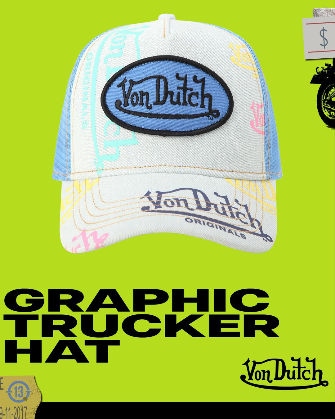 Von Dutch Monogram Trucker Cap - Retro Snapback Cap for Men and Women - Adjustable Snap Fit Panel, Mesh Rear, Curved Bill