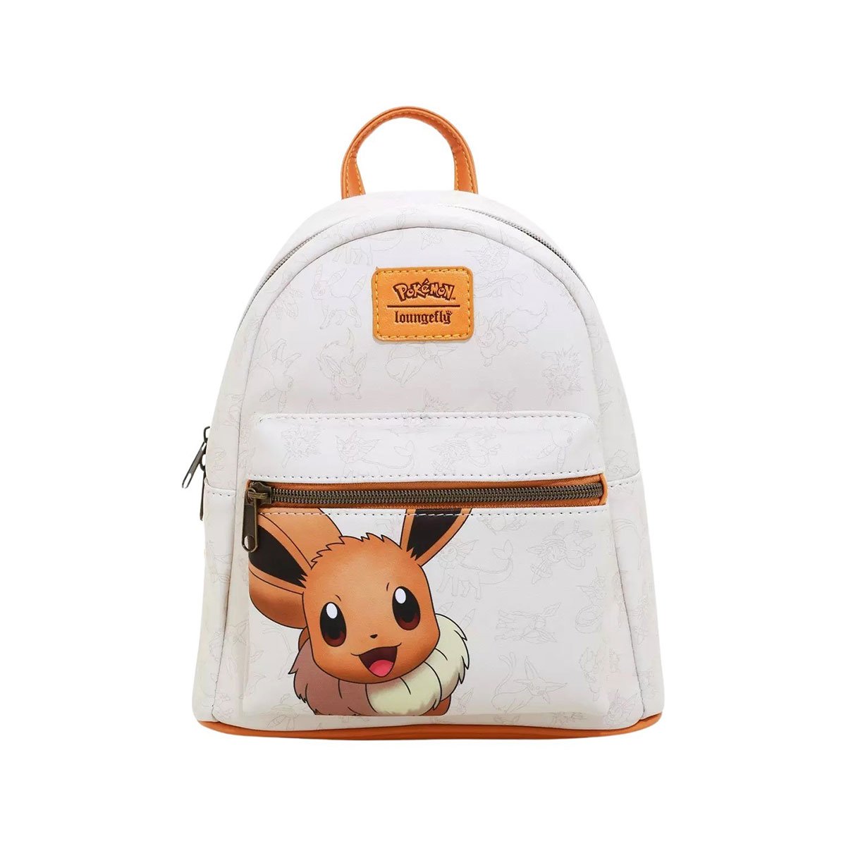 A Loungefly Pokémon Eevee & Eeveelutions Mini Backpack. The backpack is white with orange accents, including the handle, zippers, and logo patch at the top center. It features an image of Eevee on the front pocket with a happy expression and has subtle Pokémon outlines on the fabric.