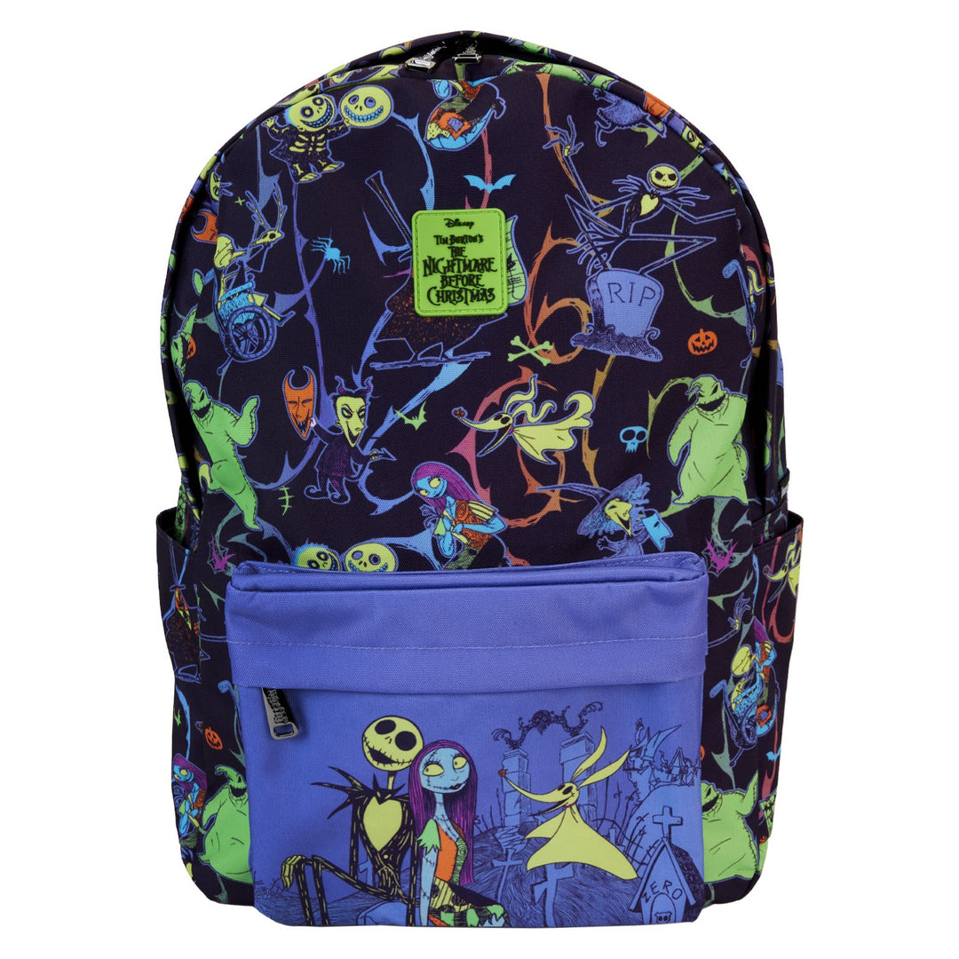 Loungefly Disney Nightmare Before Christmas Neon Glow in the Dark Allover Print Full-Size Nylon Backpack - Front